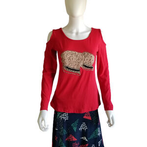 Feline Women's Red Cold Shoulder Long Sleeve Top Sequin / Bead Hat, Size: Medium